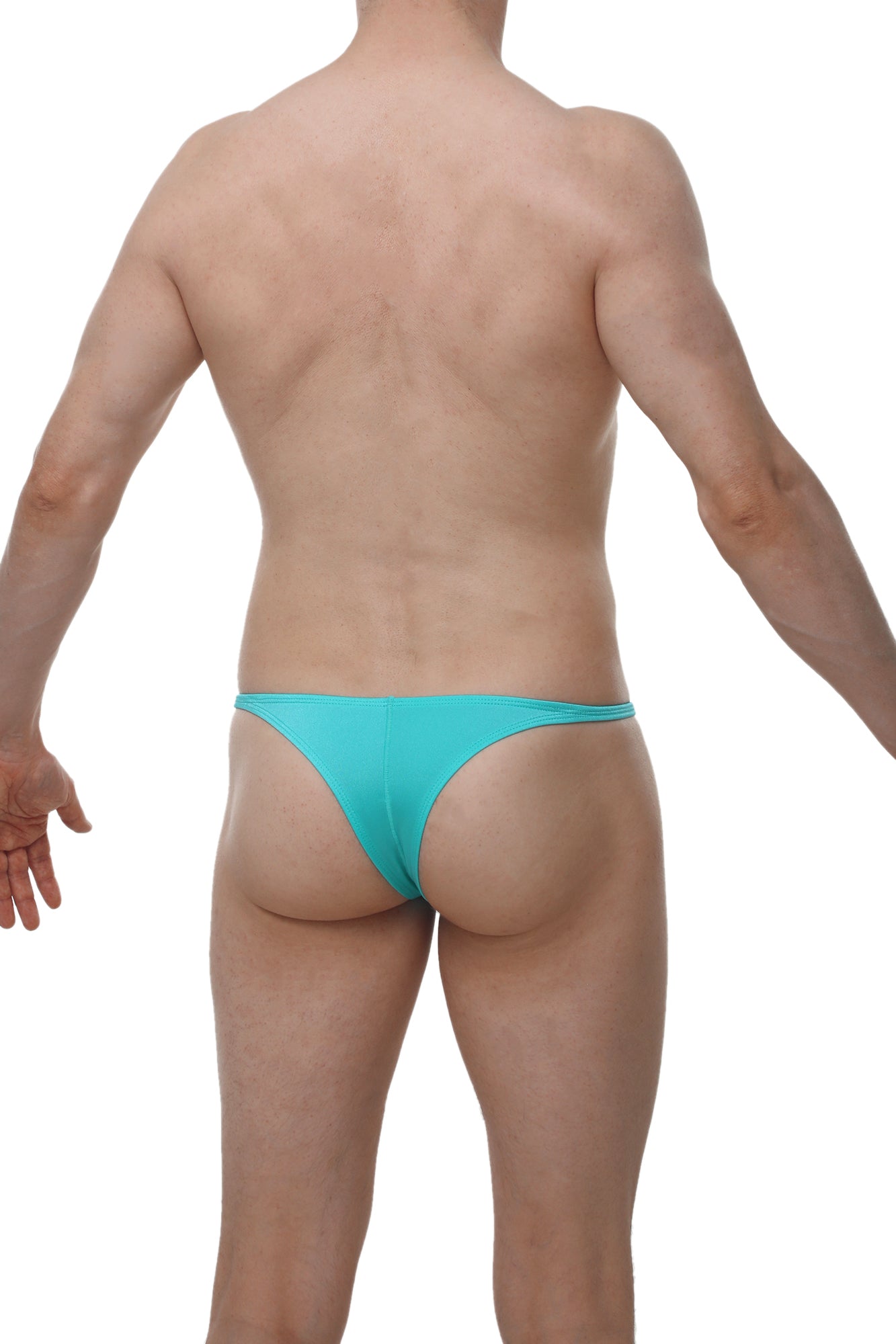 A sleek turquoise men’s thong made of smooth fabric with a minimalist design from petitq underwear by arthus and nicobikini