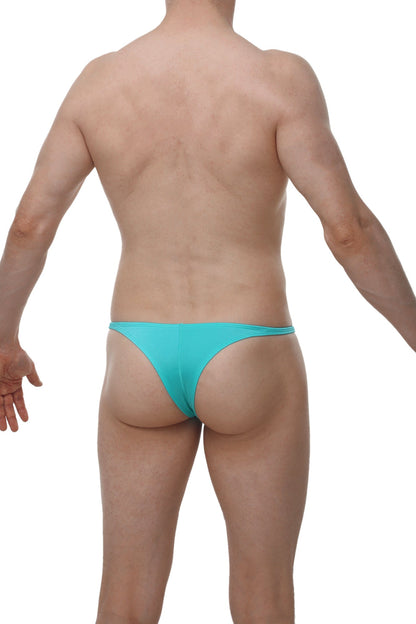 A sleek turquoise men’s thong made of smooth fabric with a minimalist design from petitq underwear by arthus and nicobikini