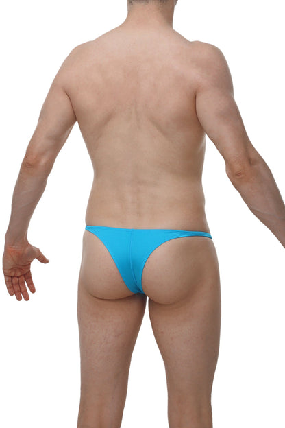Bright blue form-fitting thong swimsuit for men by Arthus and Nico in the PetitQ underwear collection