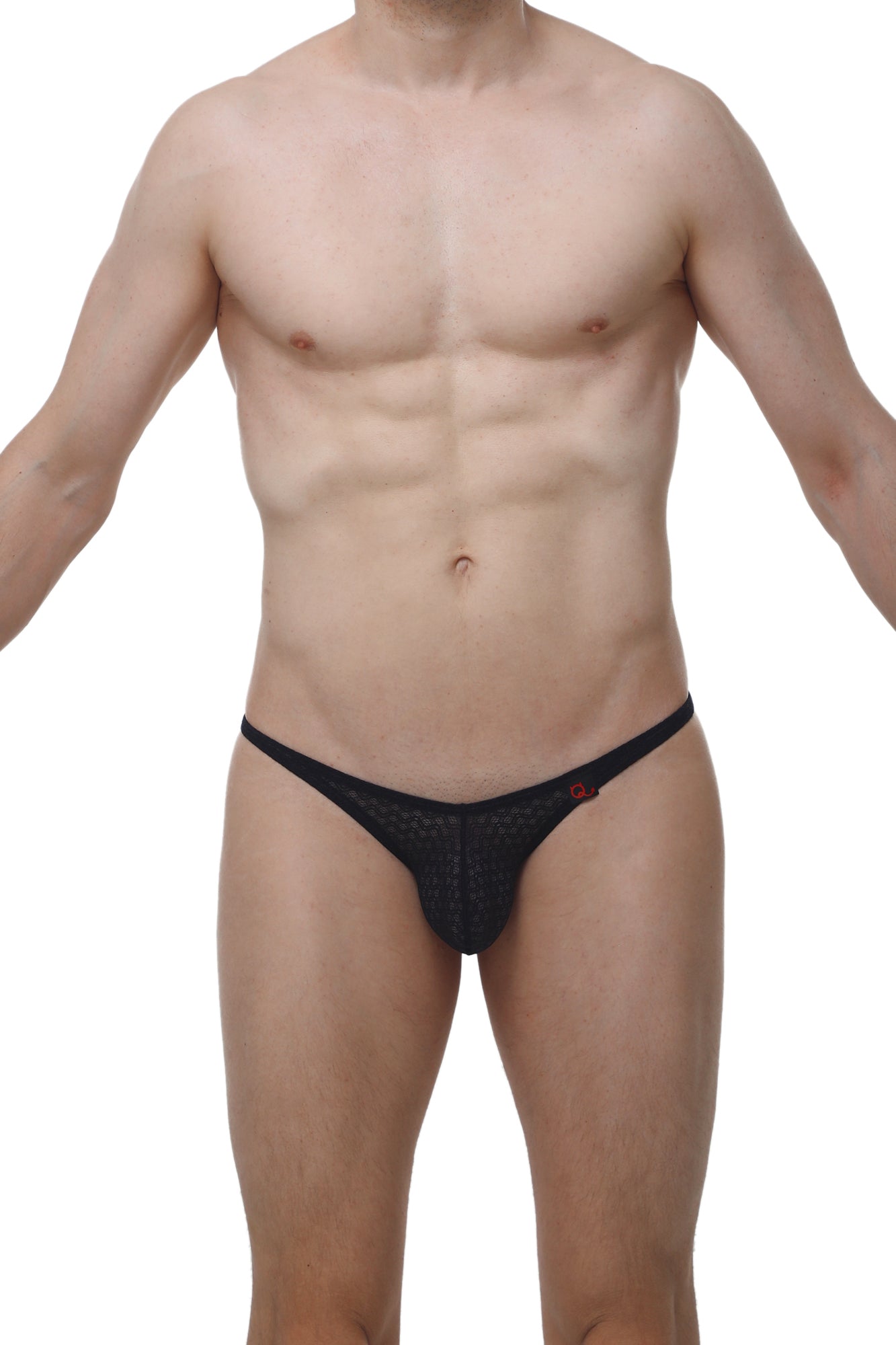 Black lace thong by arthus and nico with textured pattern and small red logo for men’s sexy underwear by petitq