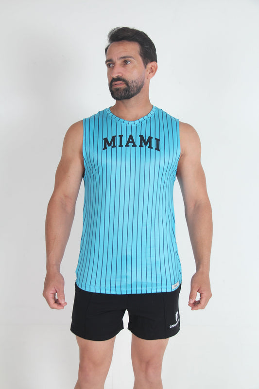 Turquoise and navy striped muscle tank top with "MIAMI" printed on the chest.