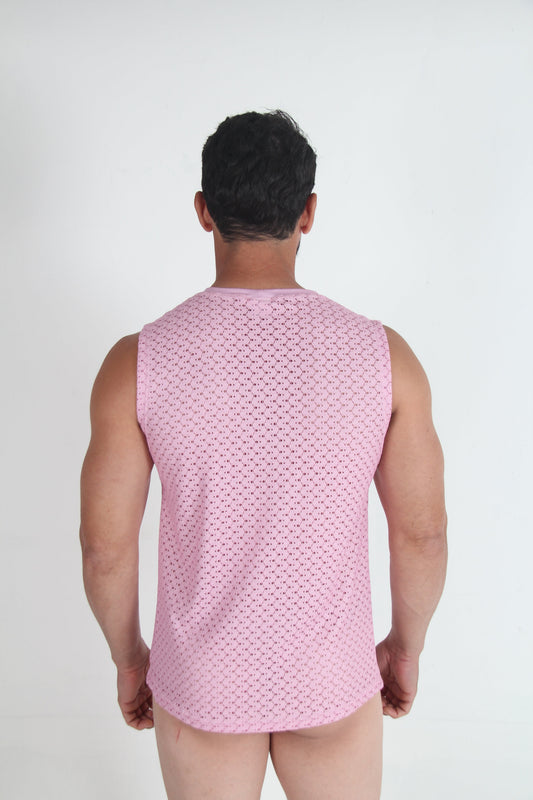 Back view of a person wearing a pink Tulio lace muscle tank top with a geometric pattern, against a white background.