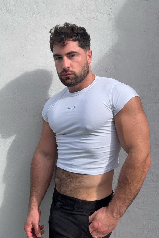 JJ Malibu Men's Muscle-Fit Crop Half-Sleeve Tee - White