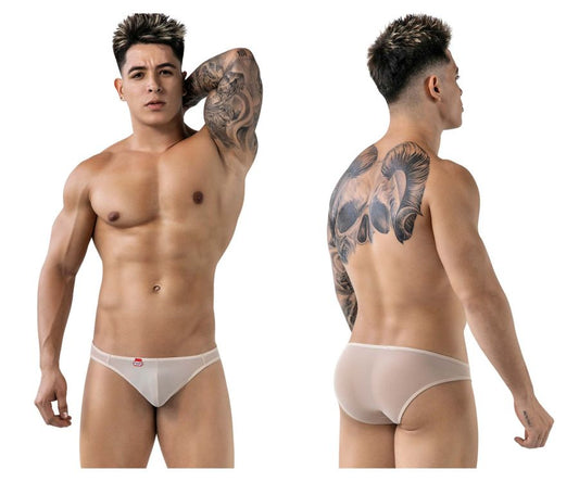 White sheer mesh Pikante PIK 1822 luxury briefs in beige with a small red logo on the waistband