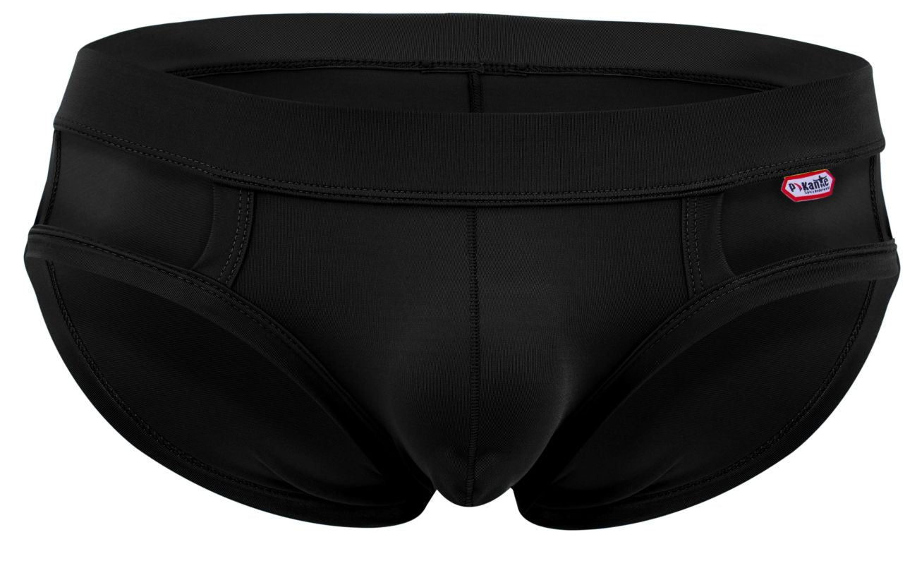Black pikante pik 2114 lenox briefs swim trunks with smooth form fitting design and red white brand tag on waistband