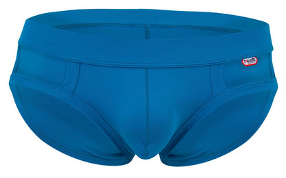 Bright blue pikante pik 2114 lenox briefs men’s swim trunks with snug contoured fit and small red brand tag on waistband
