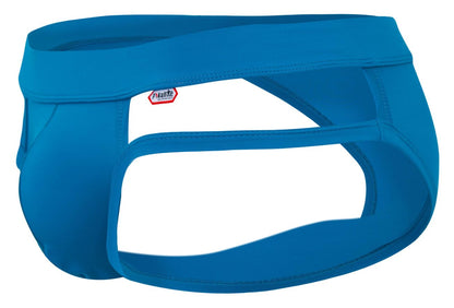 Bright blue form-fitting men’s briefs with white panel and red mante logo on waistband pikante pik 2114 lenox briefs
