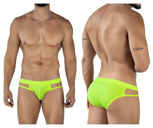 Neon green Pikante PIK 2114 Lenox briefs with athletic cut, side cutouts, and branded waistband logo