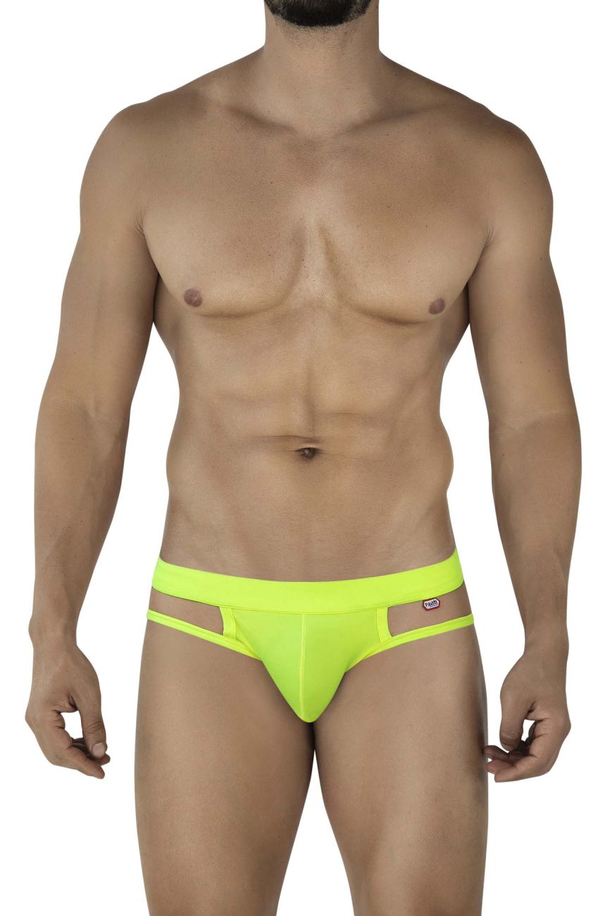 Pikante PIK 2114 Lenox briefs in neon green with bright yellow, sleek, form-fitting design and cut-out side panels
