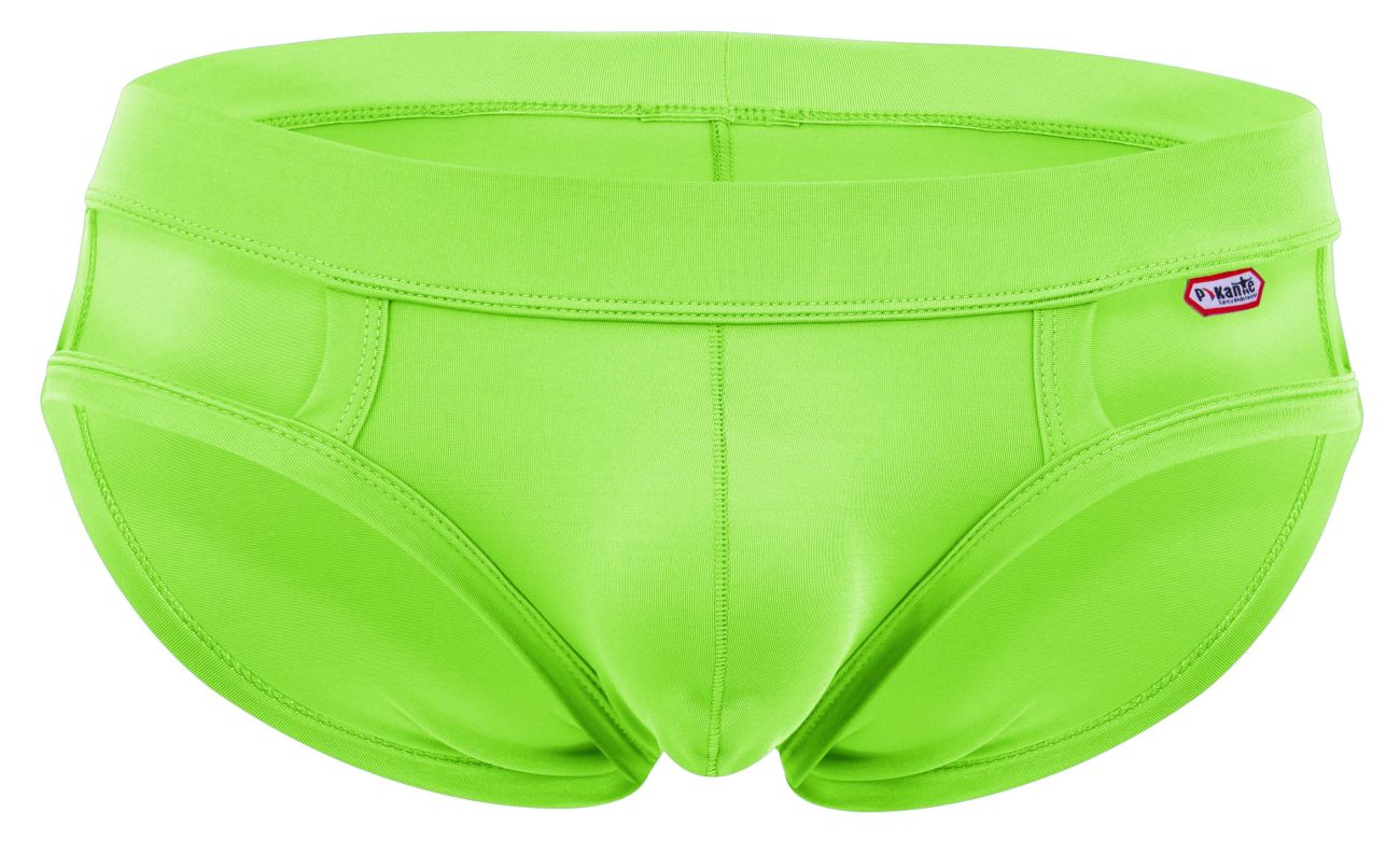 Bright lime green pikante pik 2114 lenox briefs snug men’s swim trunks with elastic waistband and brand tag on side