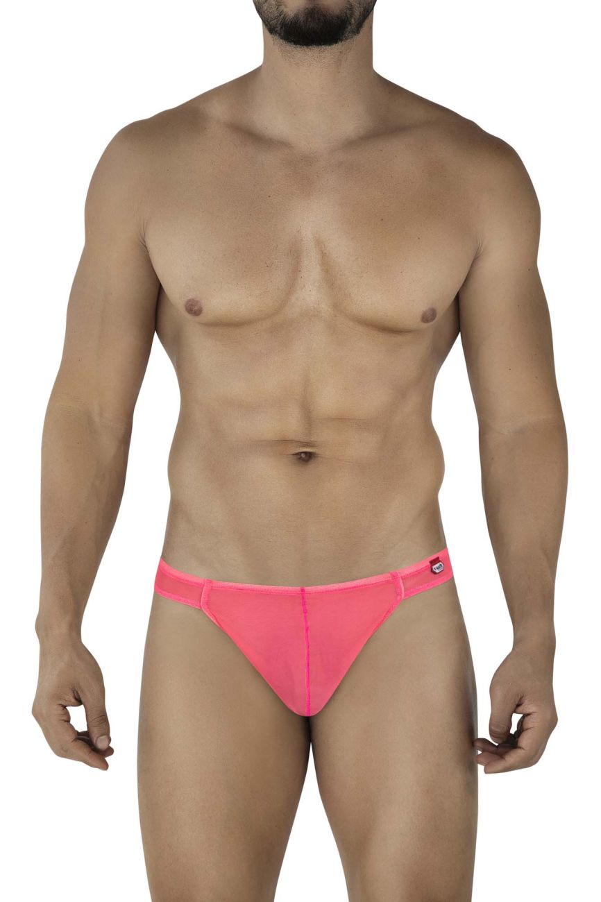 Bright pink form-fitting swim trunks with sleek design and small logo on waistband from pikante piks 2115 amusing thongs