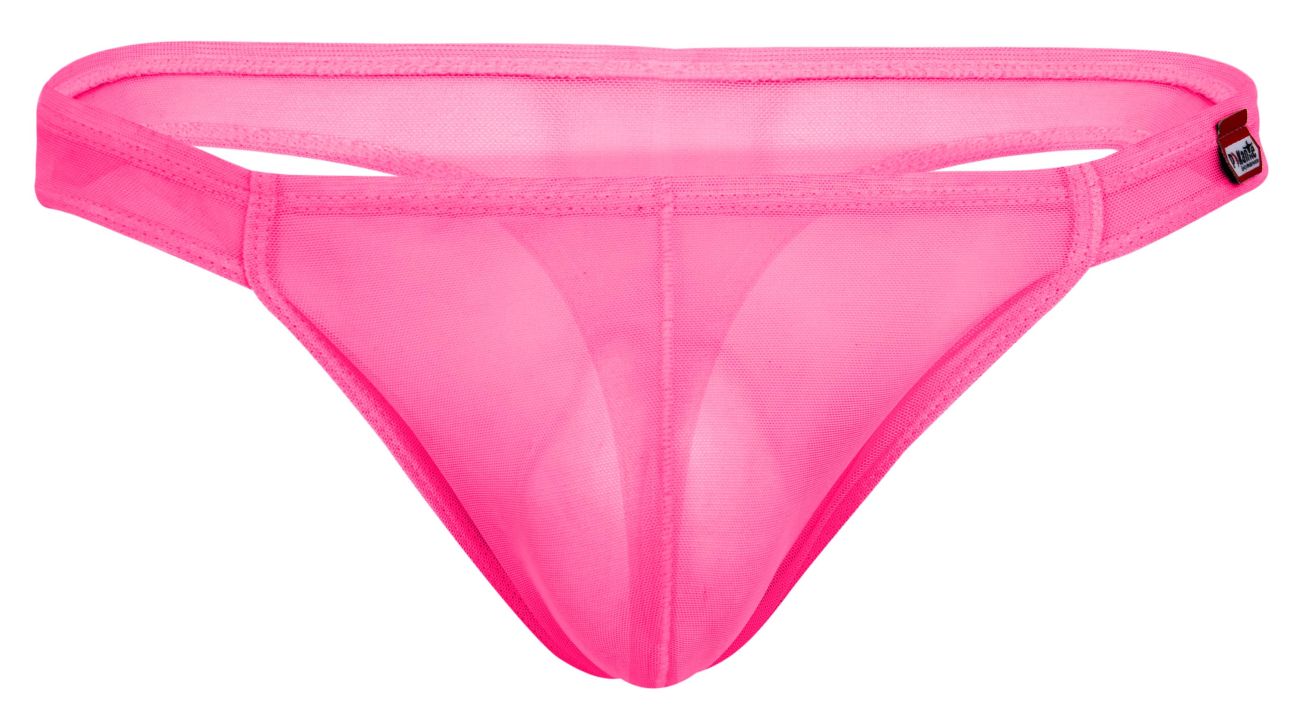 Bright pink sheer mesh thong pikante PIK 2115 amusing with red and black brand tag on right hipband back view