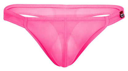 Bright pink sheer mesh thong pikante PIK 2115 amusing with red and black brand tag on right hipband back view