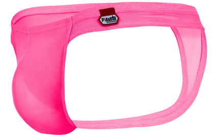Bright pink sheer mesh men’s briefs with red and white dyante label on waistband pikante pik 2115 amusing thongs