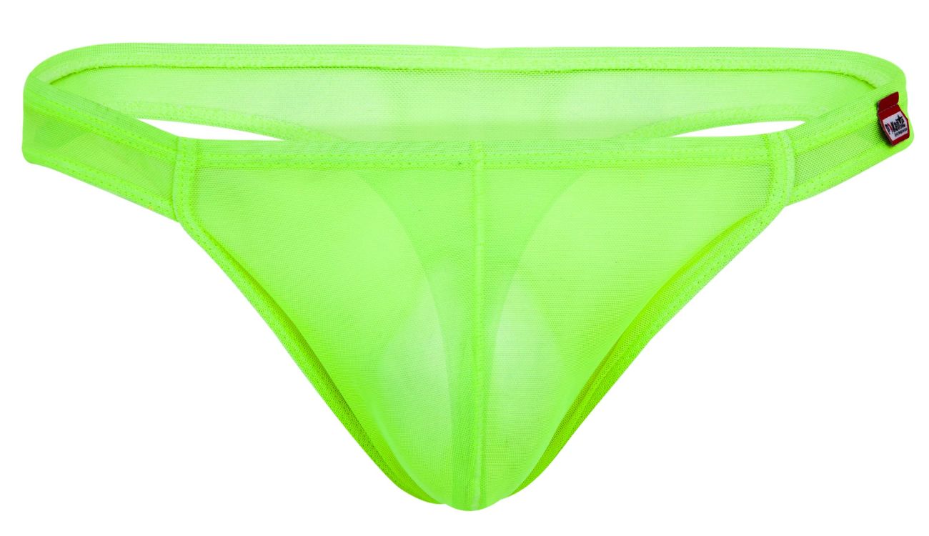 Neon green sheer mesh thong with red and white pikante brand tag on the waistband pik 2115 amusing thongs