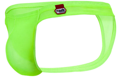 Bright neon green mesh briefs with red and white pykante tag on waistband from pikante piks 2115 amusing thongs collection