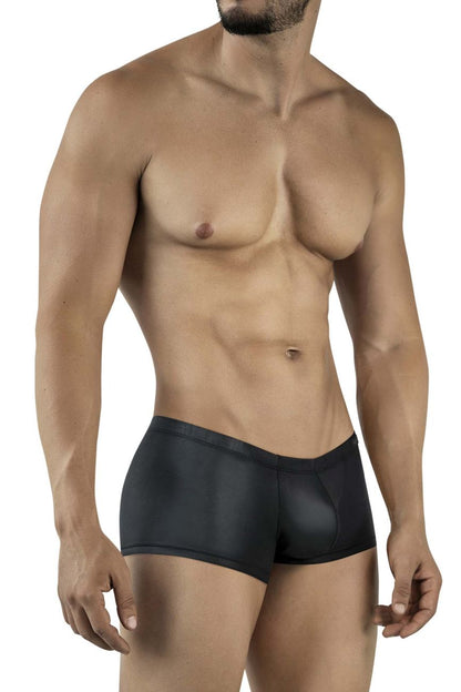 Black form-fitting men’s briefs with smooth glossy finish pikante pik 2116 candy trunks color black front view
