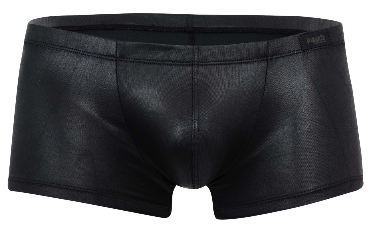 Black faux leather pikante pík 2116 candy trunks briefs with sleek glossy finish and subtle stitching details