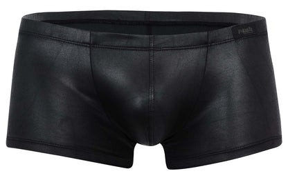Black faux leather pikante pík 2116 candy trunks briefs with sleek glossy finish and subtle stitching details