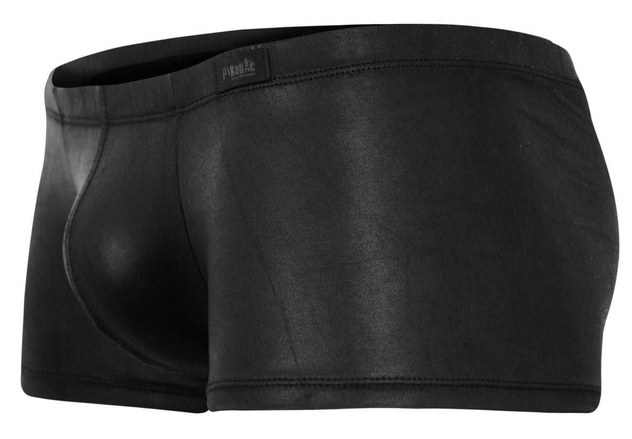 Black glossy faux leather briefs with sleek form fit and subtle pikante brand tag on waistband called pik 2116 candy trunks