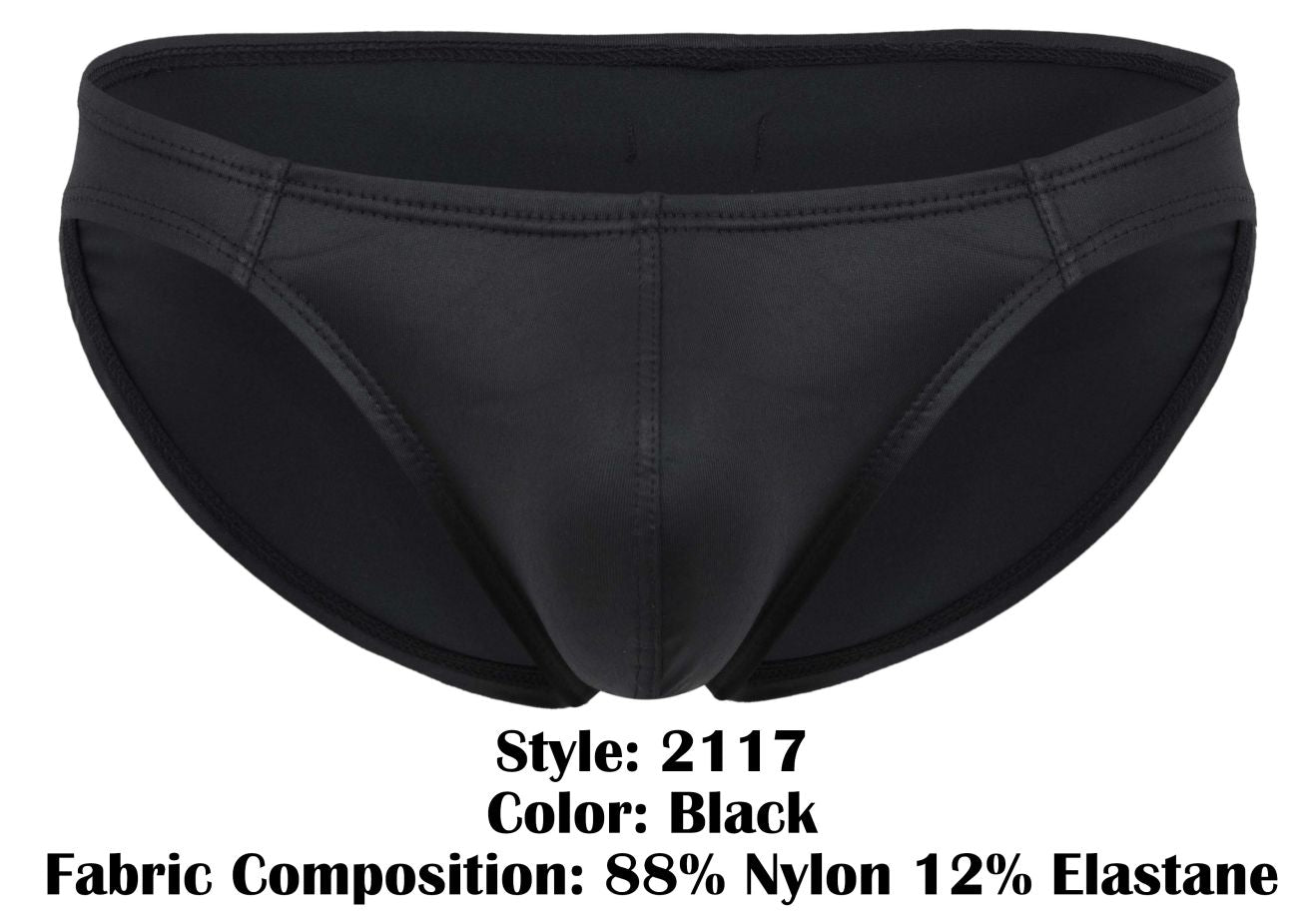 Black pikante pik 2117 candy briefs made of 88% nylon 12% elastane with sleek stitching on waistband