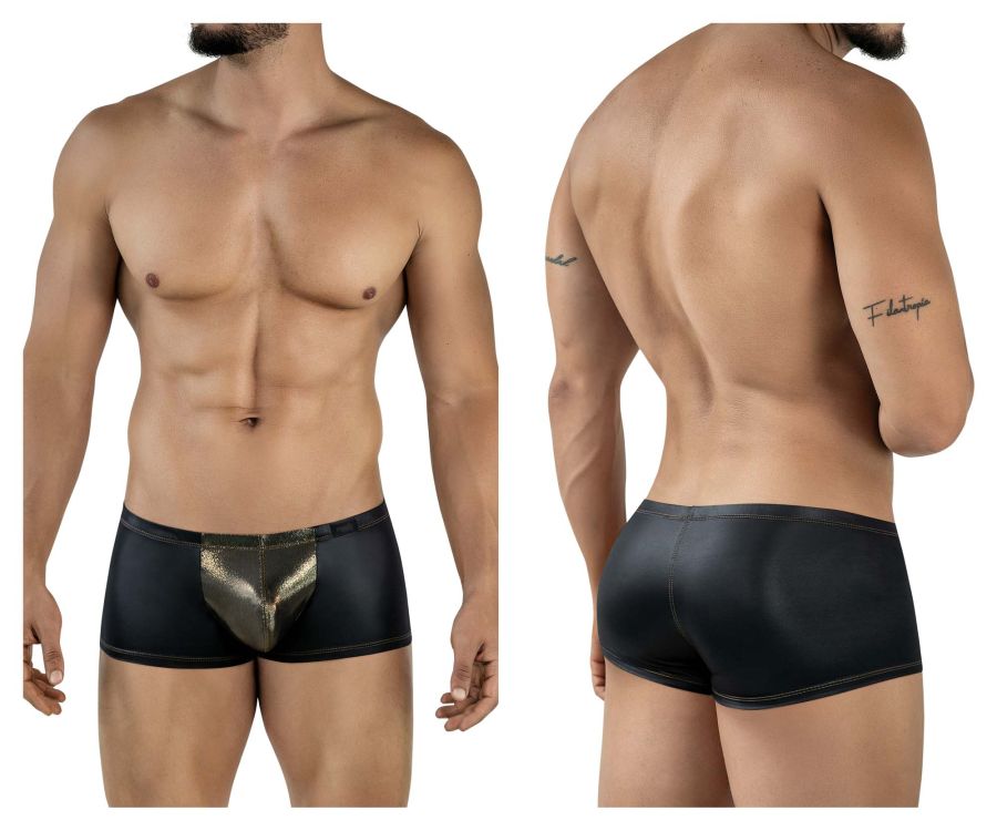 Pikante pik 2120 gold cup trunks are black leather-like briefs with a shiny gold metallic front panel
