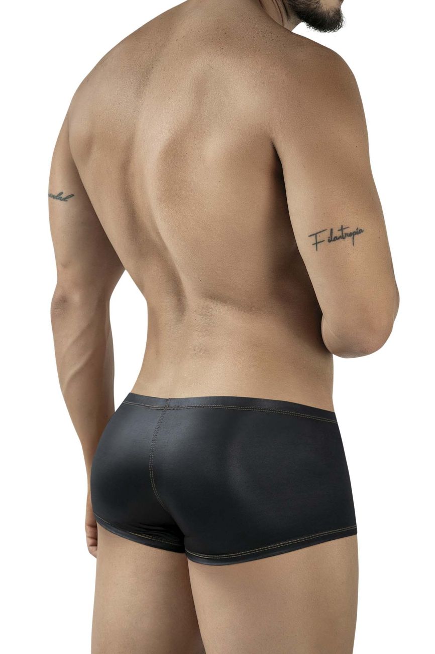 Black glossy faux leather Pikante PIK 2120 Gold Cup trunks with a sleek form-fitting design front view