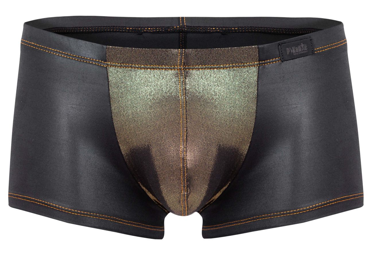Black and metallic gold shimmering pikante PIK 2120 gold cup trunks with faux leather texture and contrasting stitching