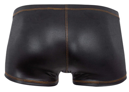 Black shiny faux leather briefs with tan stitching pikante pik 2120 gold cup trunks color black front view