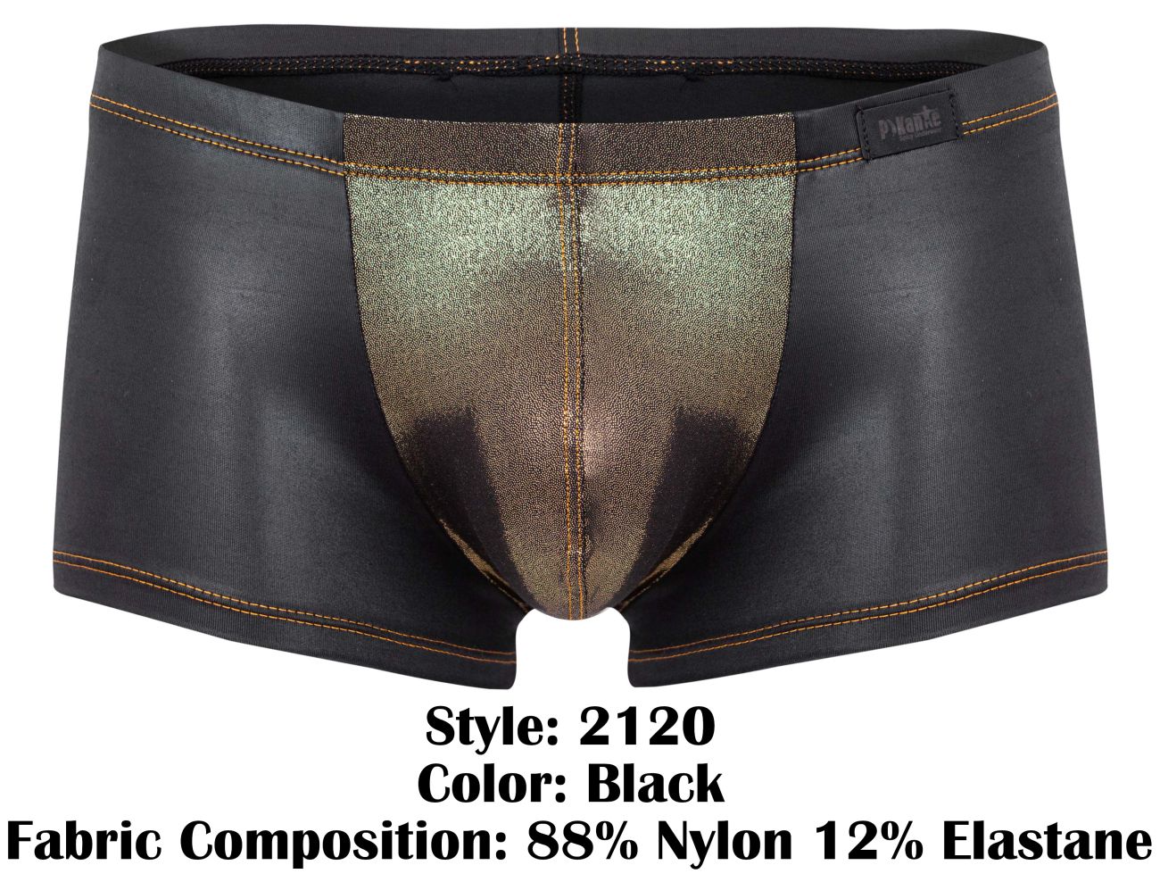 Black mens briefs pikante pik 2120 gold cup trunks with metallic gold center panel reinforced stitching and branded waistband