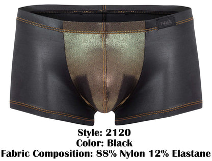 Black mens briefs pikante pik 2120 gold cup trunks with metallic gold center panel reinforced stitching and branded waistband