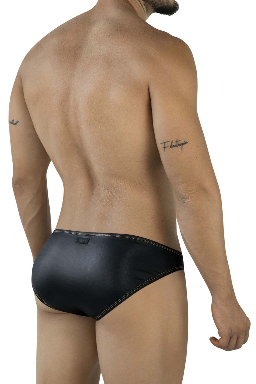Black leather Pikante PIK 2121 gold cup briefs with contrasting stitching showing front view