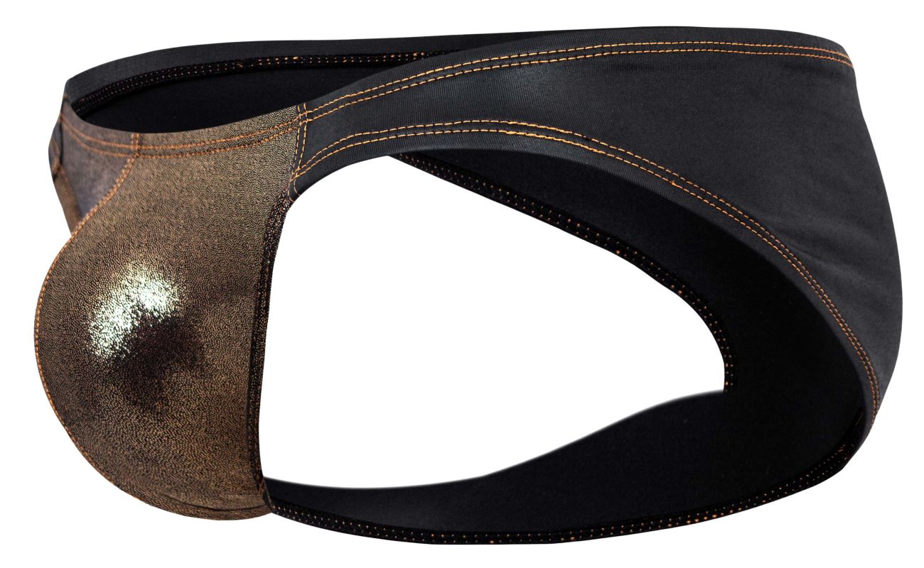 Black and metallic bronze leather thong brief with contrasting stitching from Pikante PIK 2121 Gold Cup collection