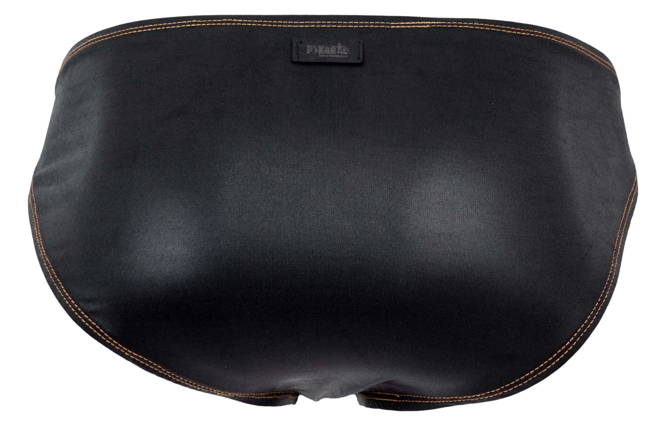 Black leather-backed massage cushion with tan stitching and brand tag for pikante pik 2121 gold cup briefs black