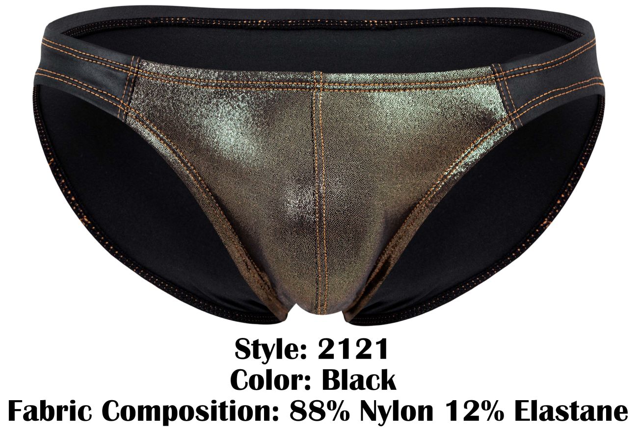 Black metallic gold bikini bottom with shiny reflective surface and black elastic trim from pikante pik 2121 gold cup briefs
