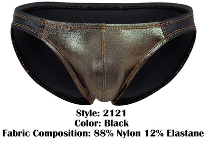 Black metallic gold bikini bottom with shiny reflective surface and black elastic trim from pikante pik 2121 gold cup briefs