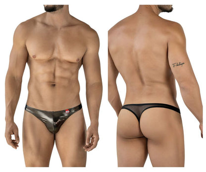 Black pikante PIK 2123 Gold Cup thong with shiny metallic silver front and black mesh back panel shown from back