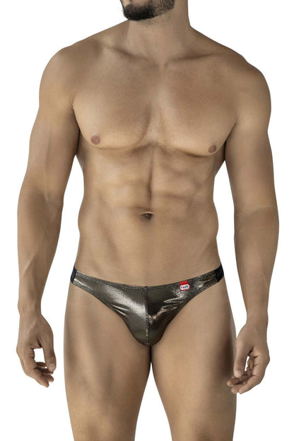 Shiny metallic silver thong with a sleek form-fitting design and a small red Pikante brand tag on the waistband