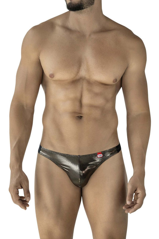 Shiny metallic silver thong with a sleek form-fitting design and a small red Pikante brand tag on the waistband