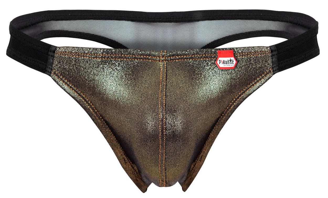 Pikante PIK 2123 Gold Cup thong in metallic bronze fabric with black elastic waistband and red brand tag visible