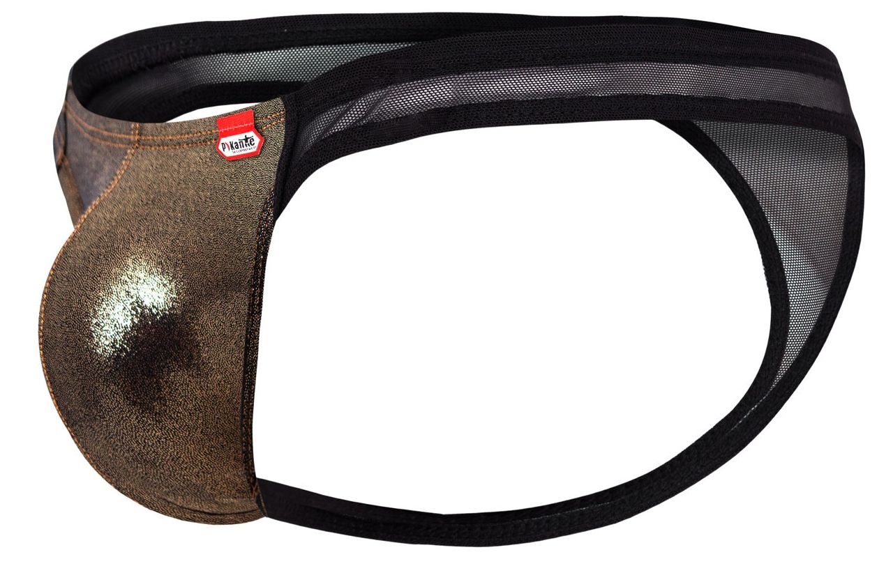 Bronze metallic mesh thong with black elastic waistband and pikante brand tag in gold cup thongs color black