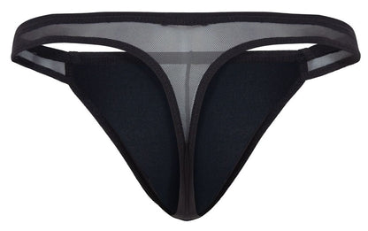 Black mesh thong with solid black fabric front and trim from Pikante PIK 2123 Gold Cup thongs collection