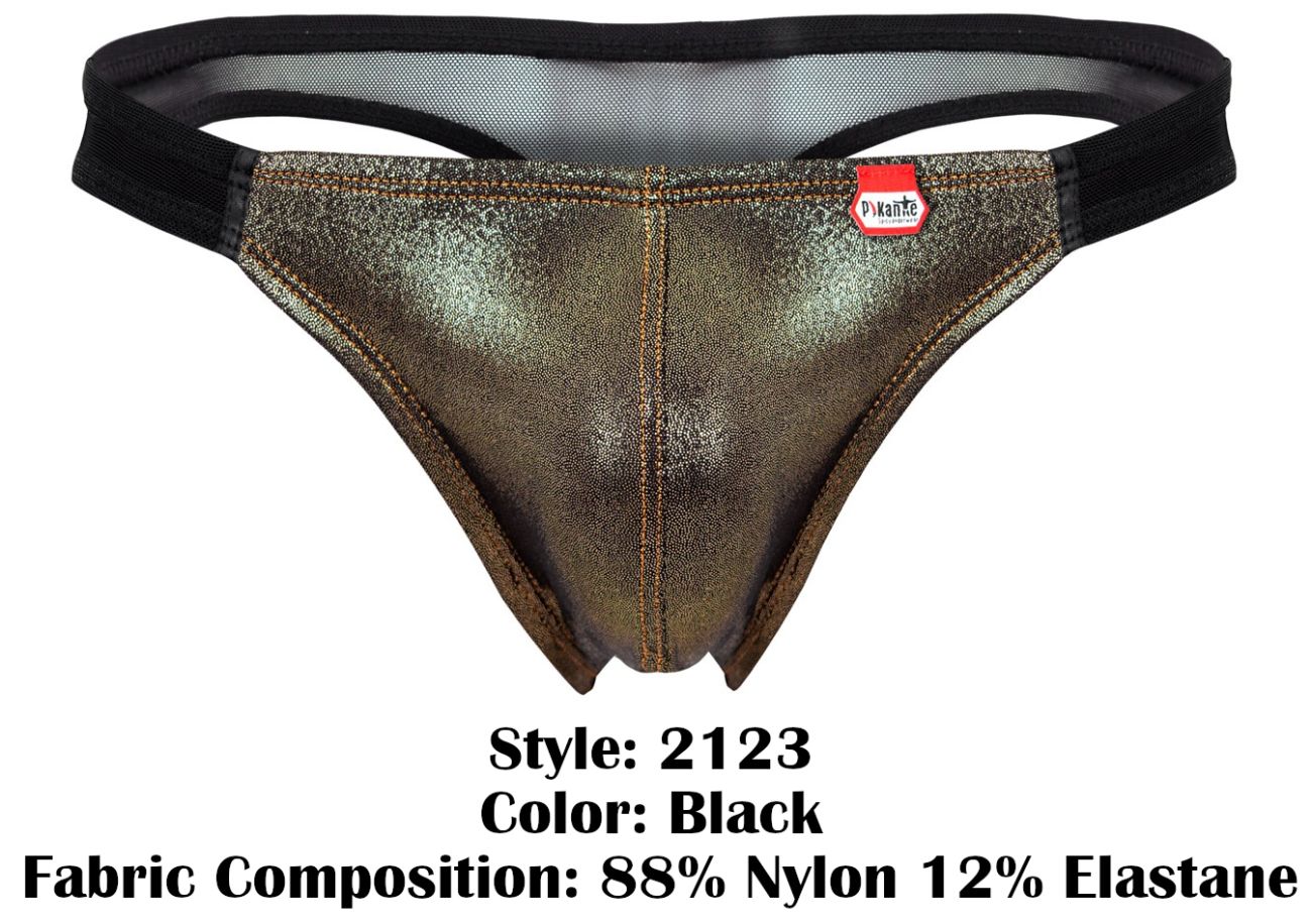 Black metallic-finish Pikante PIK 2123 Gold Cup thong with subtle sheen and reinforced stitching along seams