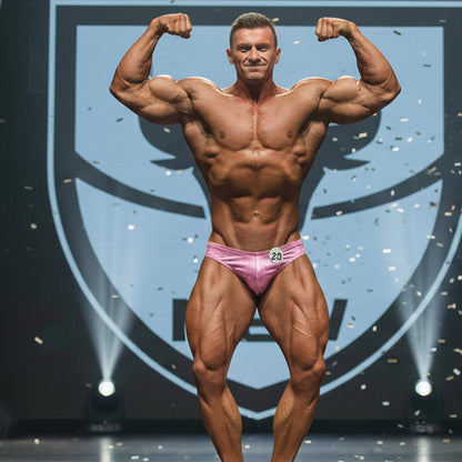 MetroMaleWear posingwear pink crack satin brief with shiny finish and white number 20 patch on the front
