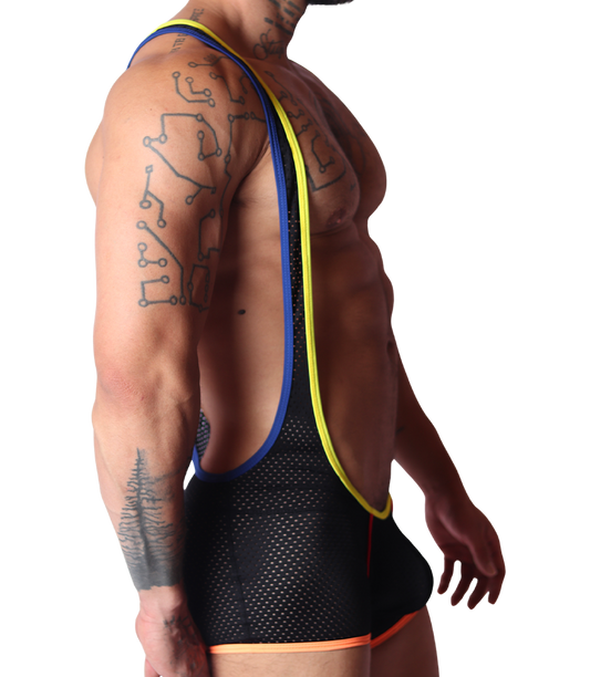 Side view of black mesh Gigo Pride Body with blue and yellow trim.