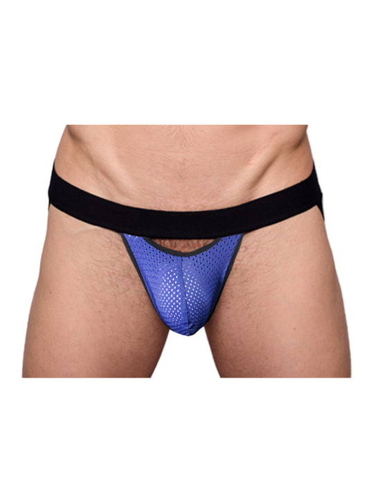 Blue mesh pride drop jockstrap briefs with a black elastic waistband designed for comfortable support