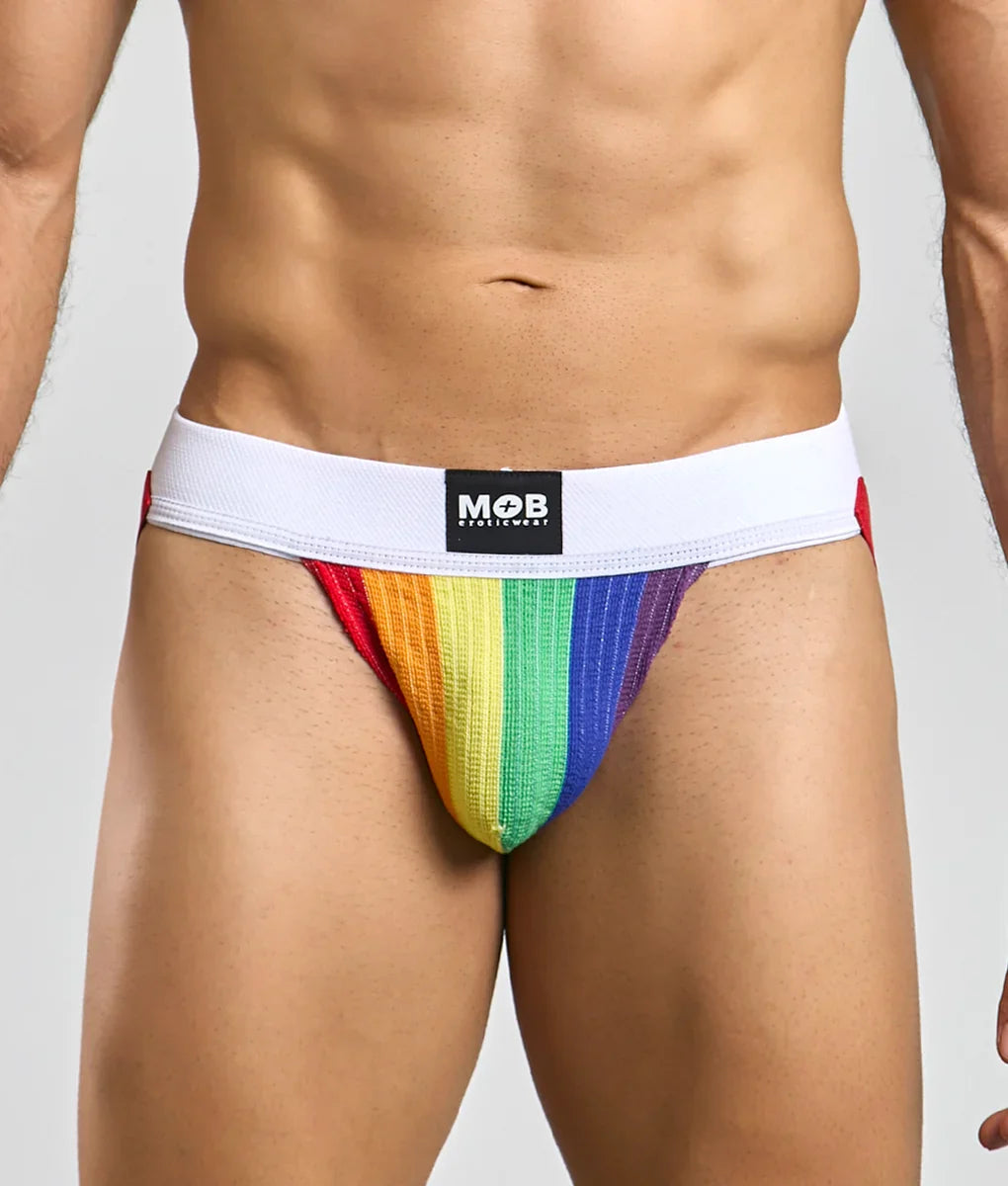 Pride flag colors jockstrap with rainbow-striped men’s briefs and white elastic waistband featuring mob logo