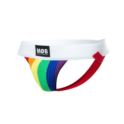 Rainbow-striped pride flag colors jockstrap with white waistband featuring mob eroticwear logo in front view
