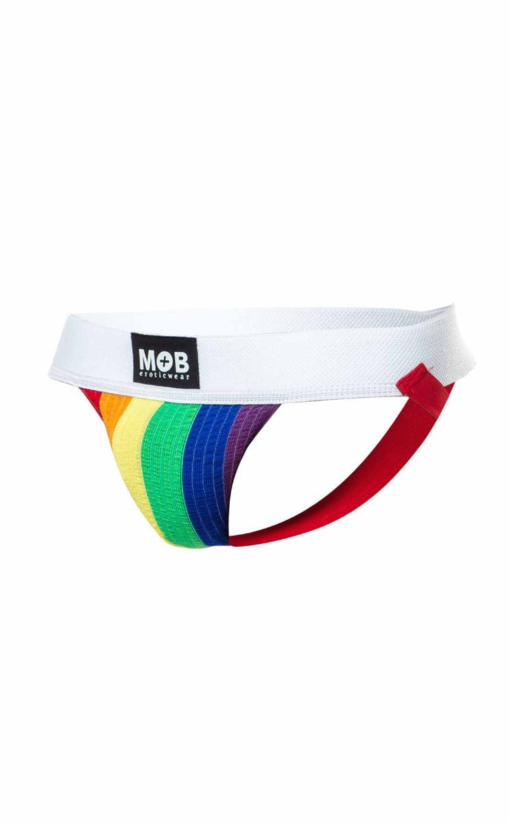 Pride flag colors jockstrap with rainbow-striped briefs, white waistband, red side panels, and mob underwear logo