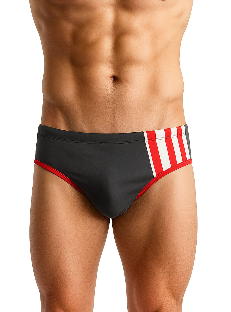 Black Pride Jethro 11 swim racer trunks with red and white striped side panel designed for swimming